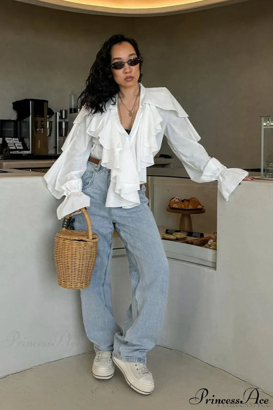 White Ruffled V Neck Flared Sleeve Blouse