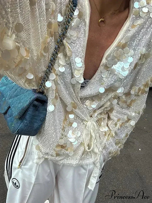 White Sparkling Lace-up Blouse Jacket Creamy-white / XS coats-241228