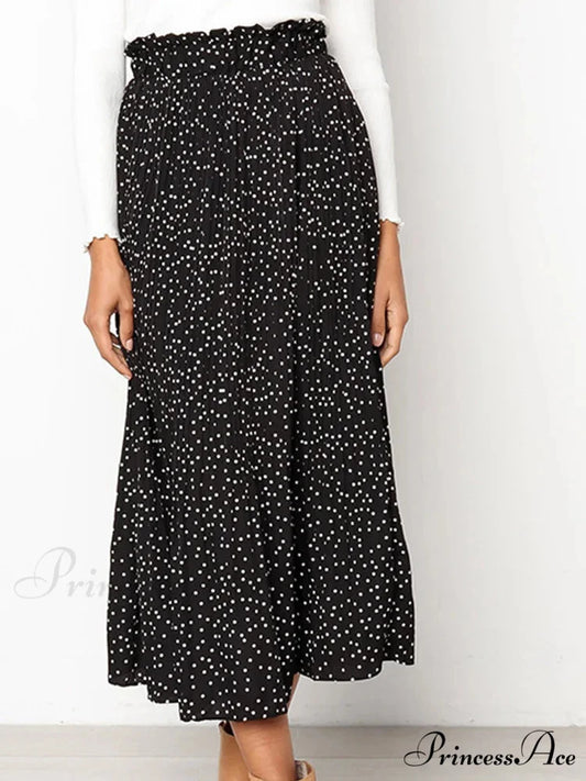 White Spots Floral Pattern Pleated Midi Skirt with Pockets Black / S skirt-250126