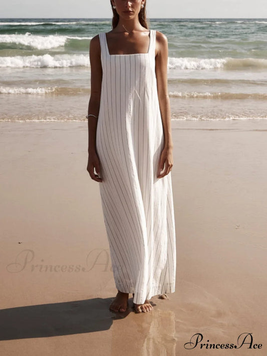 White With Charcoal Charming Pinstripe Maxi Dress White / M