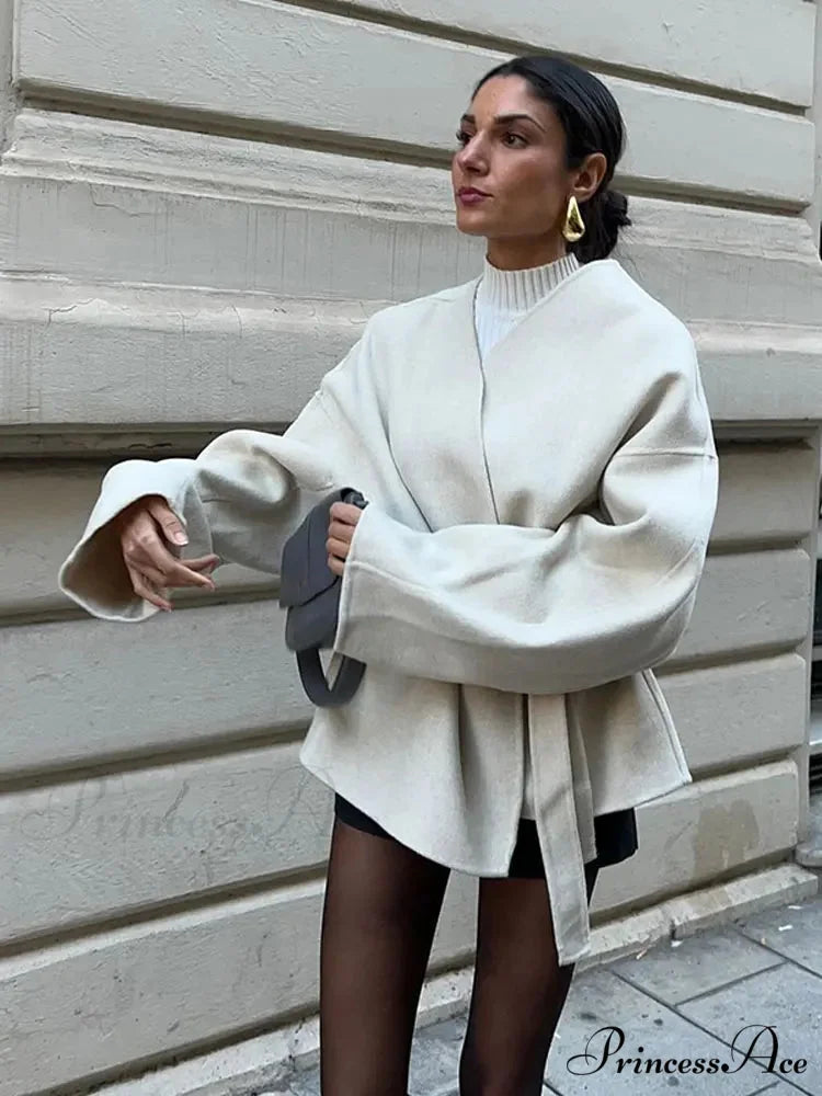 White Woolen Brief Jacket coats-241228