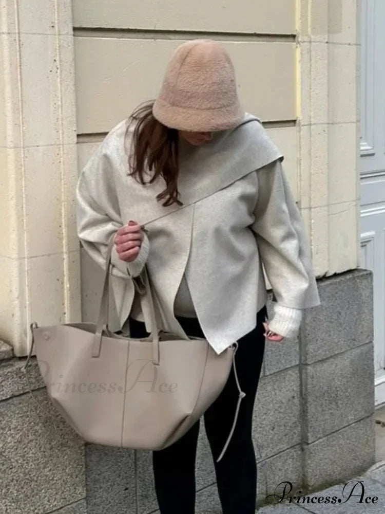 White Woolen Overcoat with Scarf Collar coats-241228
