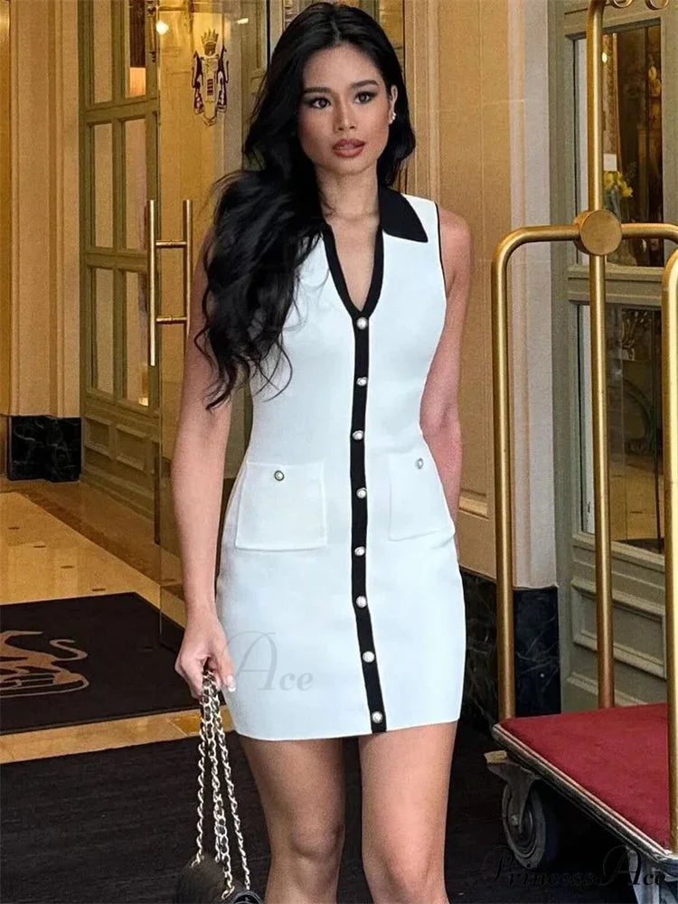 White Woven Collar Short Dress minidress-250223