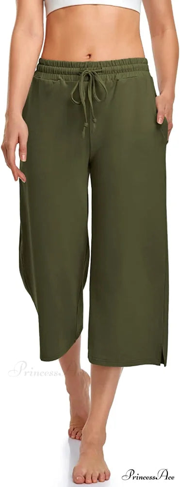 Wide Leg Drawstring Loose Lounge Pajama Capris Sweatpants Army Green / Large