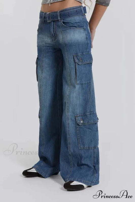 Wide Leg High Waist Patchwork Baggy Cargo Streetwear Y2k Vintage Denim Jean Stylish Loose High Waist Solid Color Casual