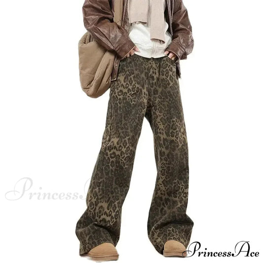 Wide Leg Leopard Print Women 2024 Y2K High Waisted Fashion Streetwear Retro Denim Baggy Casual Straight Jean Leopard / S