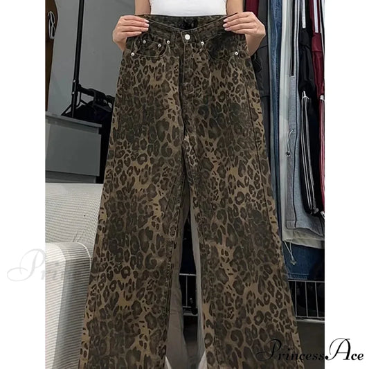 Wide Leg Leopard Print Women High Waisted 2024 Y2k Fashion Streetwear Retro Denim Baggy Casual Straight Jean Leopard / S