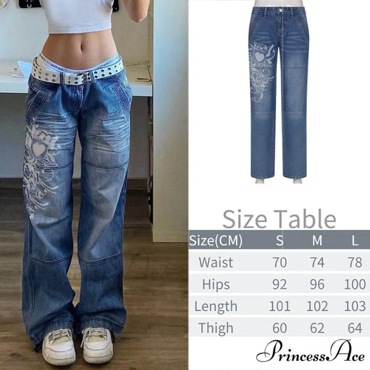 Wide Leg Oversize Y2K Patterned Baggy Winter Cargo Casual Jeans Low Autumn Waist Women’s Trousers Blue / S