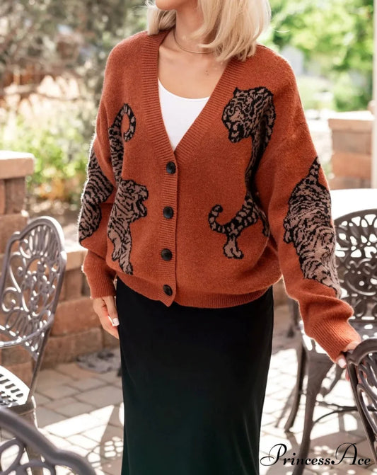 Wildcat Pattern Button-Up Knit Cardigan Beige / S cardigans-241228