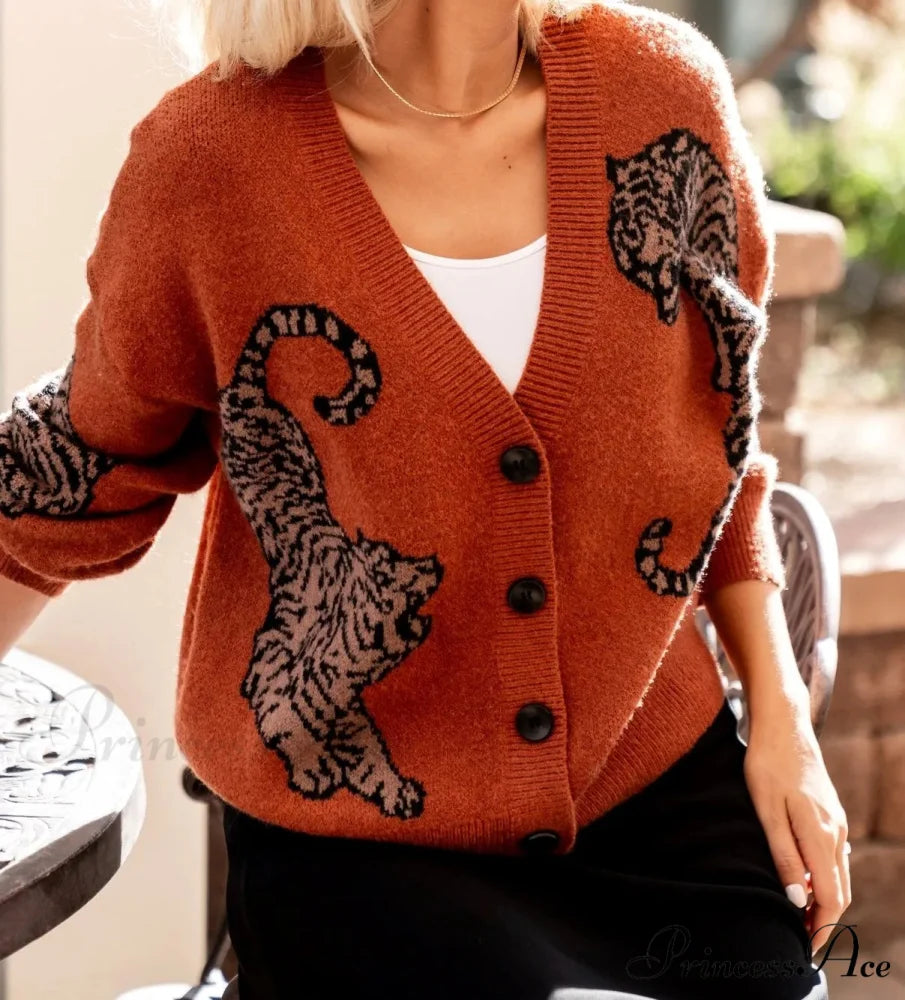 Wildcat Pattern Button-Up Knit Cardigan cardigans-241228