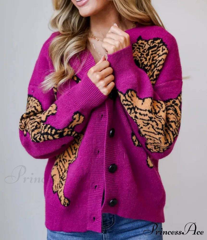 Wildcat Pattern Button-Up Knit Cardigan cardigans-241228