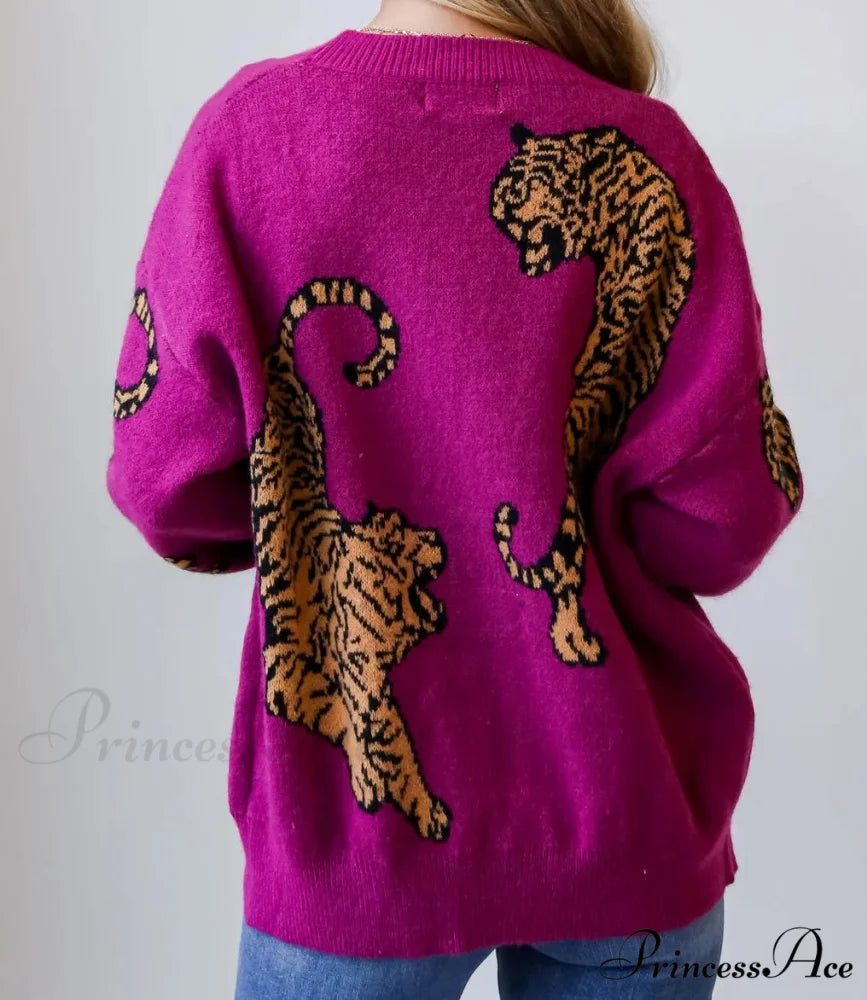 Wildcat Pattern Button-Up Knit Cardigan cardigans-241228