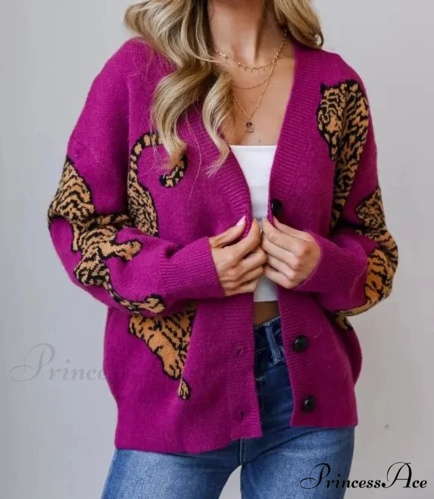 Wildcat Pattern Button-Up Knit Cardigan Orange / S cardigans-241228