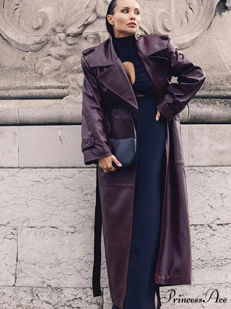 Wine Red Belted Lapel Double Breasted Coat wine red / S