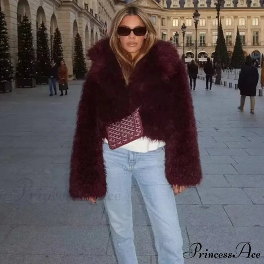 Wine Red Cropped Faux Fur Coat