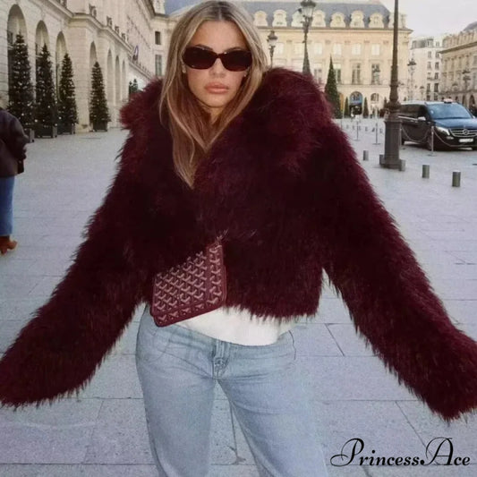 Wine Red Cropped Faux Fur Coat Claret / XS