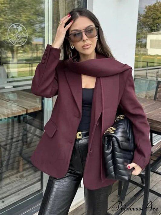 Wine Red Lapel Scarf Coat Red / S