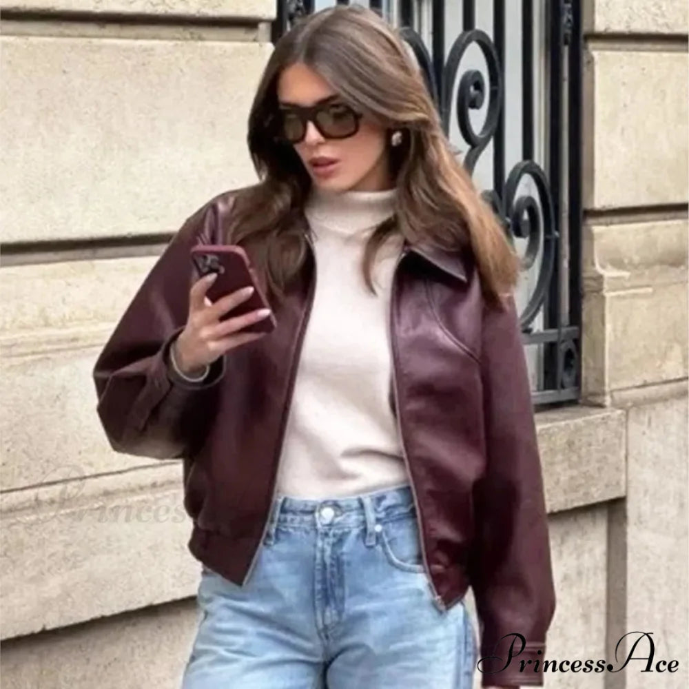 Wine Red PU Leather Coat Burgundy / S