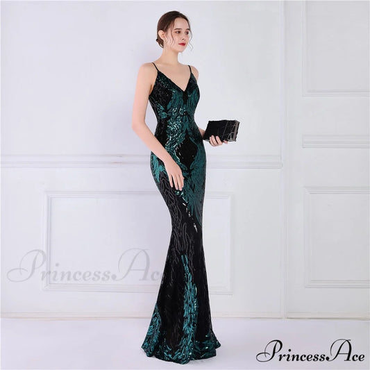 Wings Pattern Sequin Charming Mesh Strappy Gown HUNTER / XS