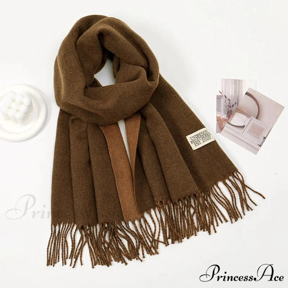 Winter Cashmere Long Warm Hijab Wrap Solid Pashmina Scarf Female DARK BROWN