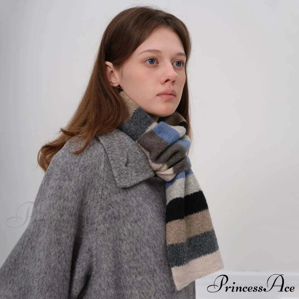 Winter Cashmere Shawl Women Colorful Striped Neck Scarf Blue-Black / L162cm W20cm