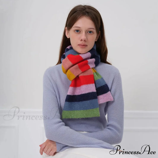 Winter Cashmere Shawl Women Colorful Striped Neck Scarf rainbow / L162cm W20cm