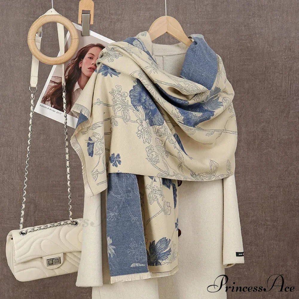 Winter Plaid Cashmere Poncho Tassel Scarf - Luxury Warm Thickened Unisex BLUE