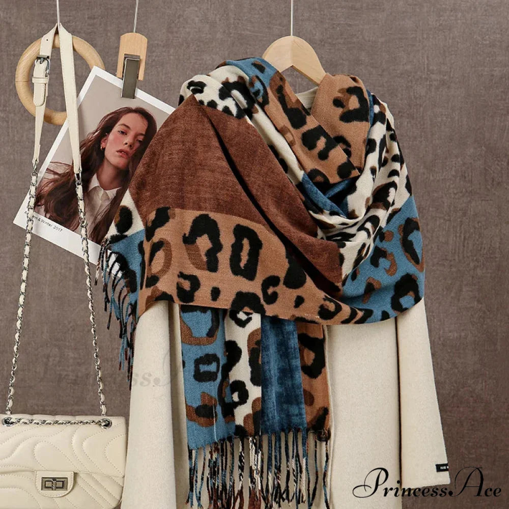 Winter Plaid Cashmere Poncho Tassel Scarf - Luxury Warm Thickened Unisex BLUE LEOPARD