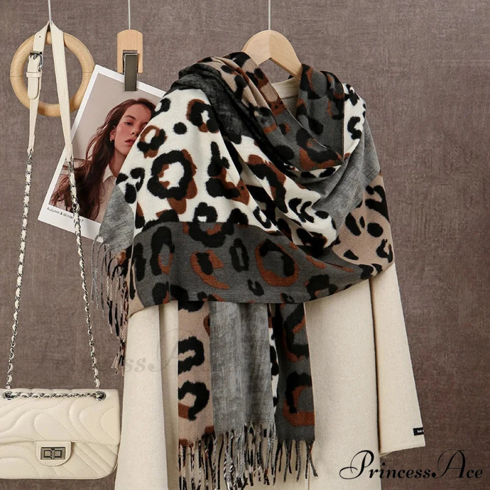 Winter Plaid Cashmere Poncho Tassel Scarf - Luxury Warm Thickened Unisex GREY LEOPARD