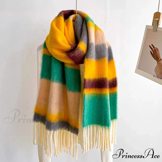 Winter Plaid Cashmere Poncho Tassel Scarf - Luxury Warm Thickened Unisex YELLOW GREEN