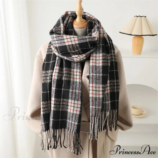 Winter Warm Cashmere-Like Plaid Blanket Wrap Scarf for Women GREY