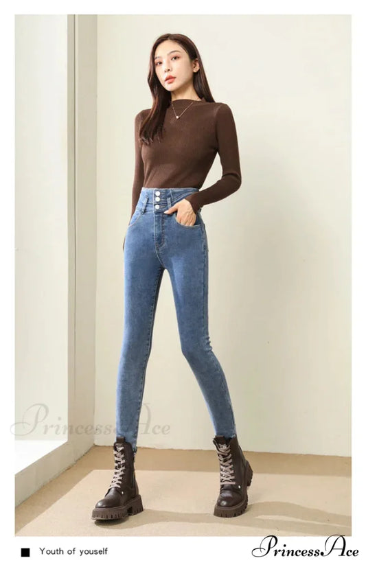 Winter Women Thicken Lamb Fluff High Waist Stretchy Fleece Lined Warm Slim Denim Pencil Pants Jean Retro Blue / 25