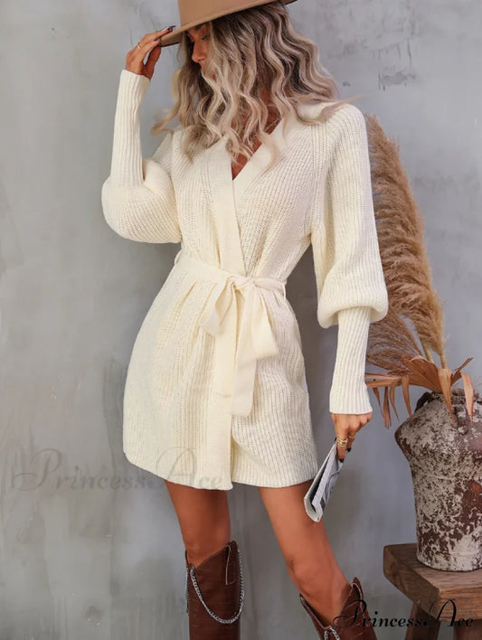 Winter Wrap Dress Women Long Sleeve Office Cardigan Tunic Solid Color S / RED