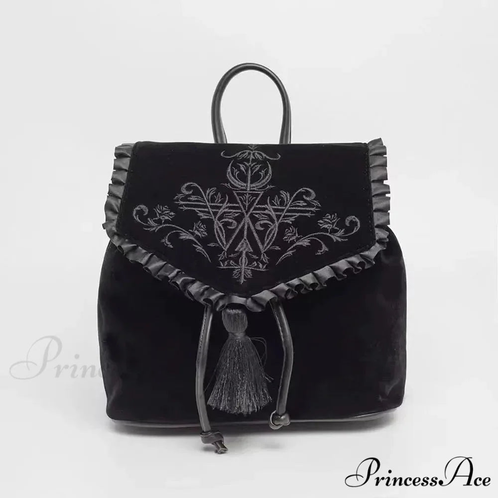 Witch Harajuku Magic Embroidery Velvet Gothic Punk Rock Backpack Bag Black / 28x11x30cm