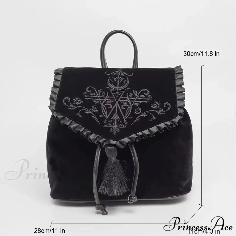Witch Harajuku Magic Embroidery Velvet Gothic Punk Rock Backpack Bag Black / 28x11x30cm