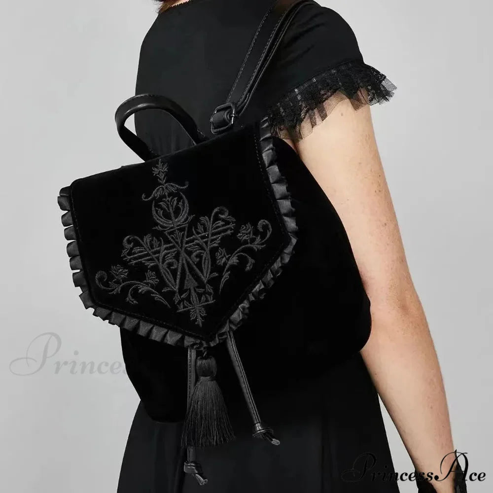 Witch Harajuku Magic Embroidery Velvet Gothic Punk Rock Backpack Bag Black / 28x11x30cm
