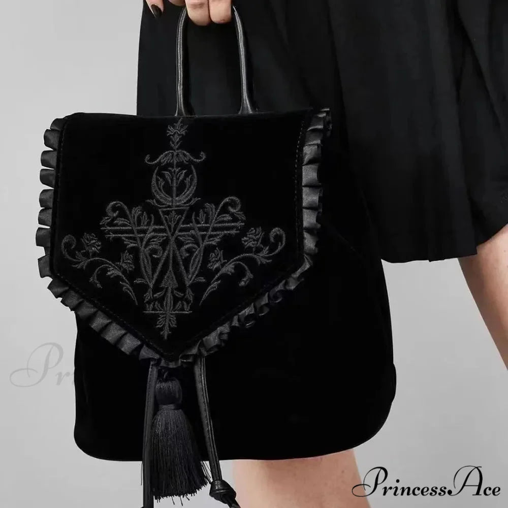 Witch Harajuku Magic Embroidery Velvet Gothic Punk Rock Backpack Bag Black / 28x11x30cm
