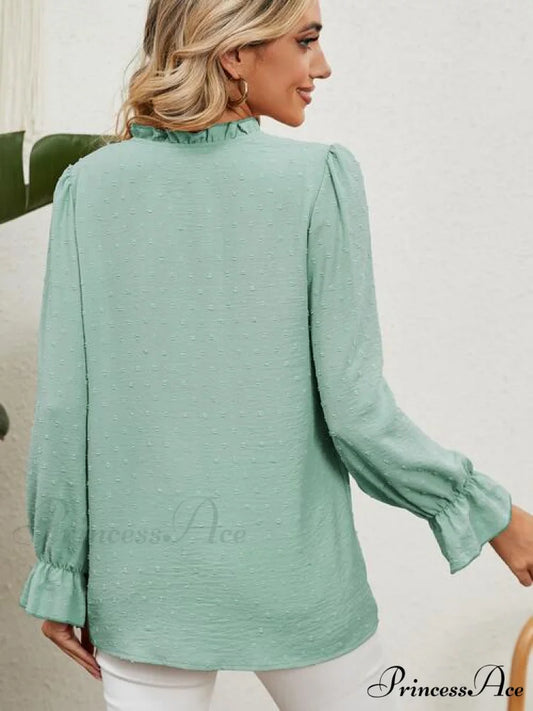 with Arm Blouse V-Neck Flounce Button Up