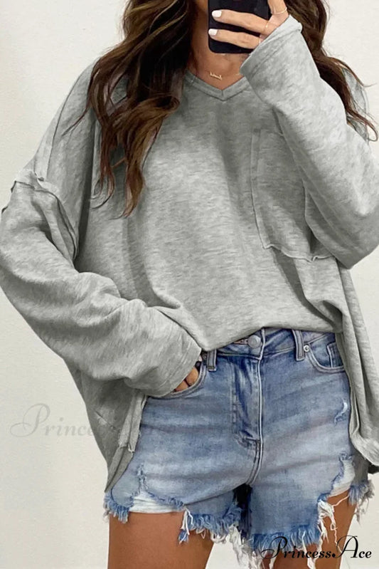 with - Arm Oversized Top Pockets Drop Gray Gray / S / 60% Cotton + 35% Polyester + 5% Elastane