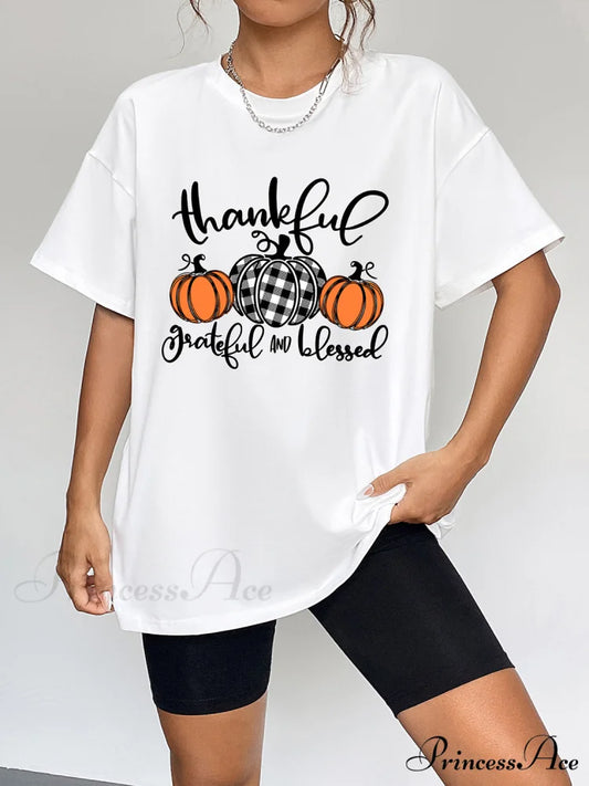 with Fall Graphic T-Shirt Neck Thanksgiving Round Season and Brief Sleeves White / S