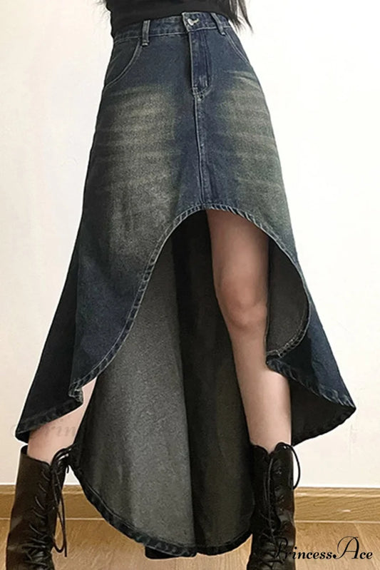 with Irregular Skirt Denim Distressed High Rise Wash Blue / S