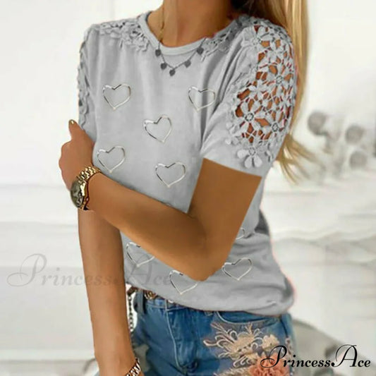 with Lace Heart T-Shirt Print Gray / S