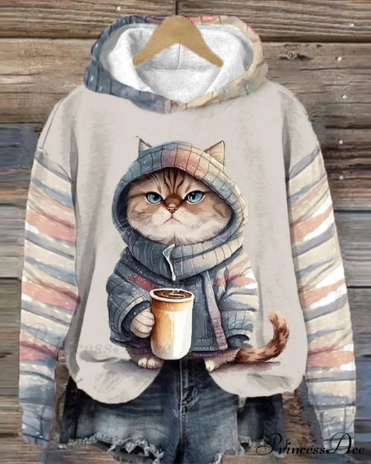 with Long-sleeved hoodie cat pattern Khaki / S Sweatshirts & Hoodies-L