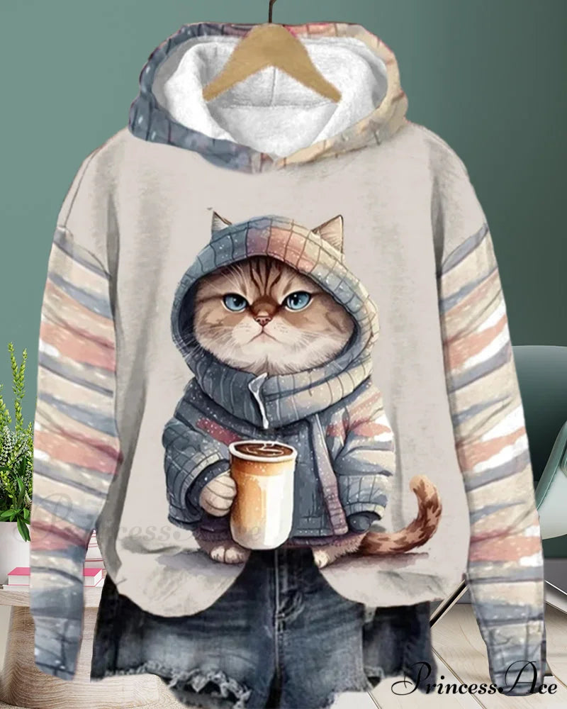 with Long-sleeved hoodie cat pattern Sweatshirts & Hoodies-L