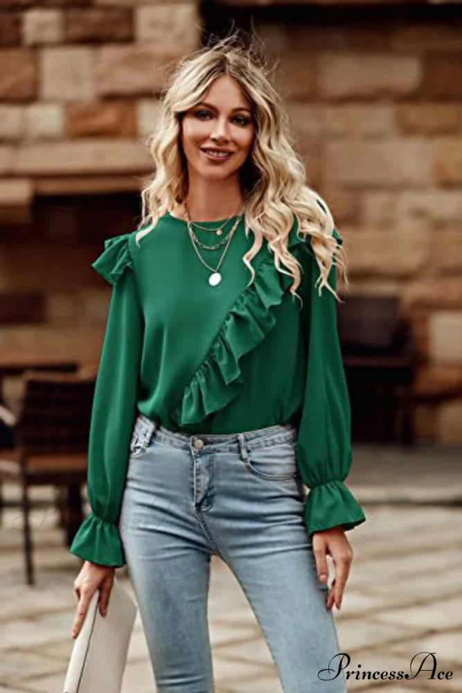 with Ruffled Long Top Arm Round Neck Black Forest / S