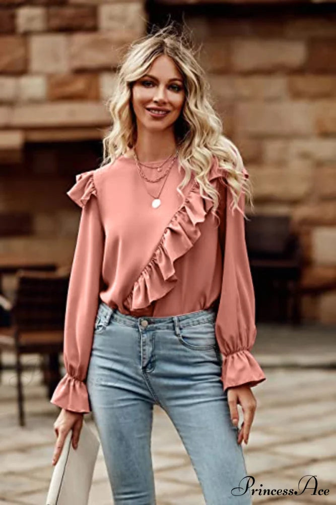 with Ruffled Long Top Arm Round Neck Coral / S