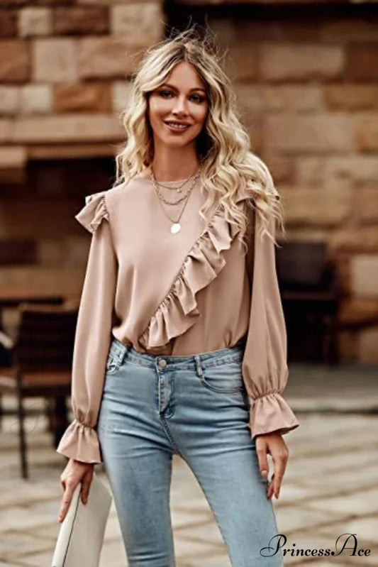 with Ruffled Long Top Arm Round Neck Tan / S