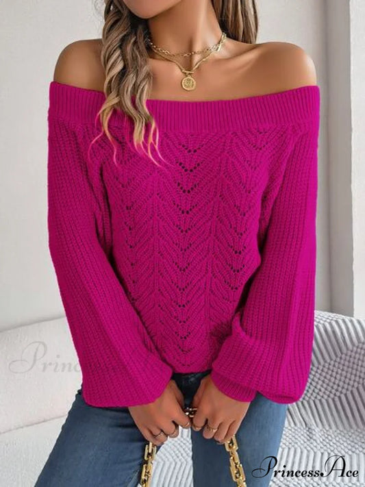 with Sweater Arm Long Openwork Off-Shoulder Design Cerise / S