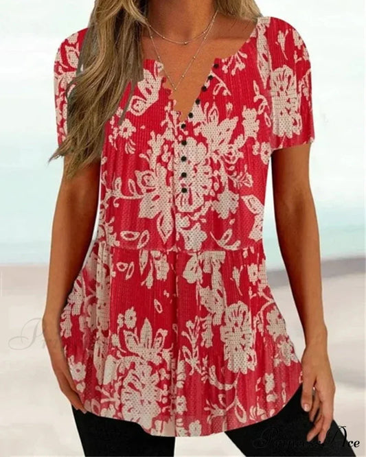with T-shirt V-neck short printed sleeves Red / S