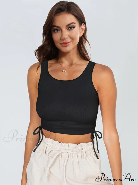with Tank Round Neck Ruched Drawstring Black / S